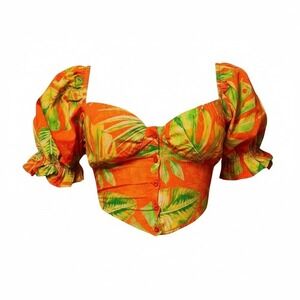 New XS Orange Floral Crop Top Button Front Short Sleeves Sweetheart Tropical
